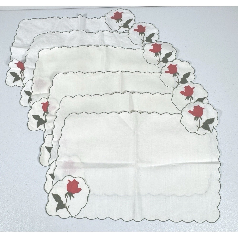 Vintage Floral Silverware Pocket Placemats Set of 6 Embroidered Red Rose
